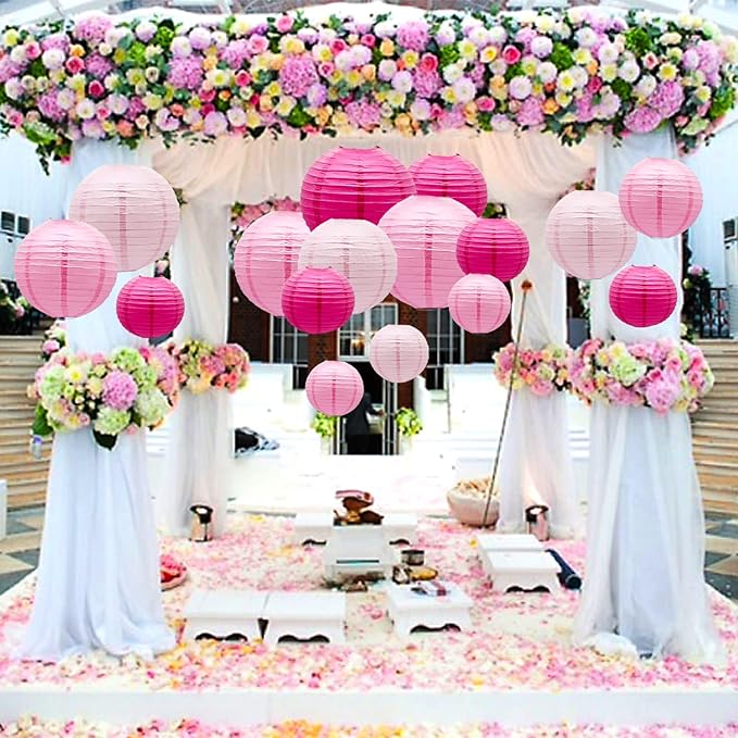21-Pack Pink Paper Lanterns, Hanging Round Party Decorations | 4/6/8/10 inches Indoor Outdoor Decor for Halloween, Valentines Day, Wedding, Birthday, Baby Showers, Tea Party & Classroom