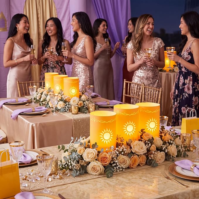 Fuyoooo 20 Set Paper Sun Lantern with LED Candles for Centerpieces LED Tea Lights with Paper Bags Battery Operation for Princess Wedding Party, Halloween, Christmas Decoration(Yellow,Sun)