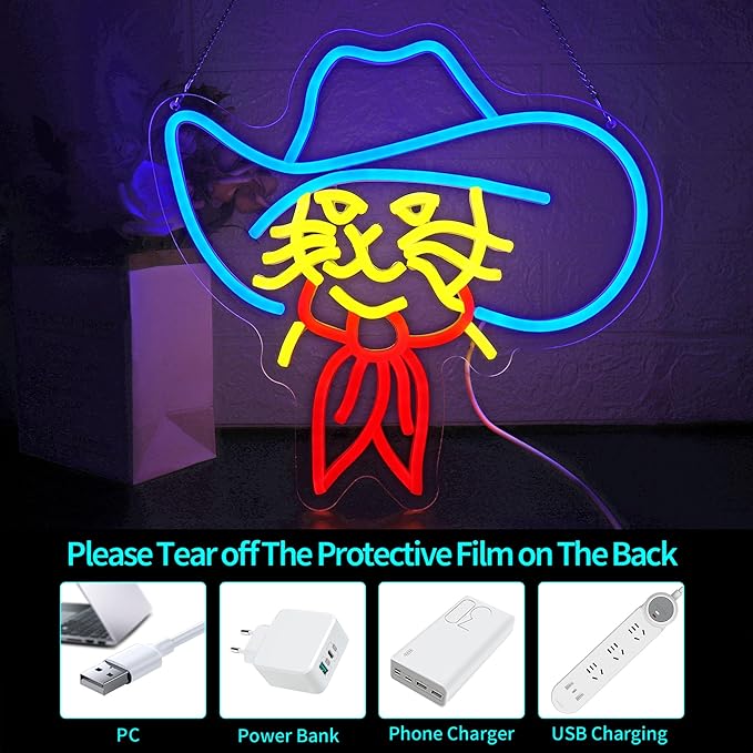 Cat Neon Sign LED Neon Signs for Wall Decor Cowboy Hat Cat Light Neon Signs for Room Home Party Birthday Bar Beer Signs for Man Cave - LED Neon USB Powered