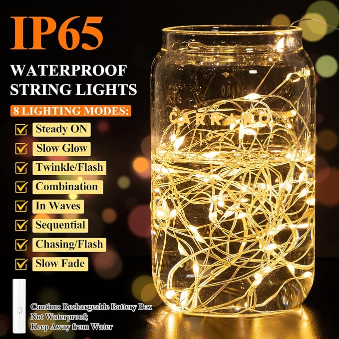 32FT 100 LED Warm White Fairy Lights, Rechargeable Type-C String Lights with 8 Modes Timer, Waterproof Battery Operated Twinkle Lights for Bedroom Wedding Party Centerpieces（16FT*2）