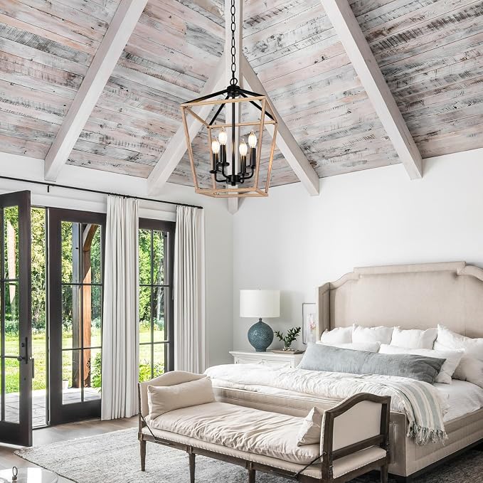 Wood Farmhouse Chandelier, 4-Light Foyer Lighting Fixtures for Dining Room | Industrial Kitchen Lantern chandelier Over Table, Pendant Island Ceiling Light for Entryway, Metal Cage Adjustable Height