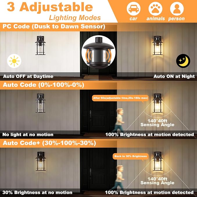 Motion Sensor Outdoor Wall Lights-Dusk to Dawn Porch Light,Brown Outdoor Lights Fixture,3 Lighting Modes Waterproof Anti-Rust Outdoor Lights for House Porch Garage (2 Pack