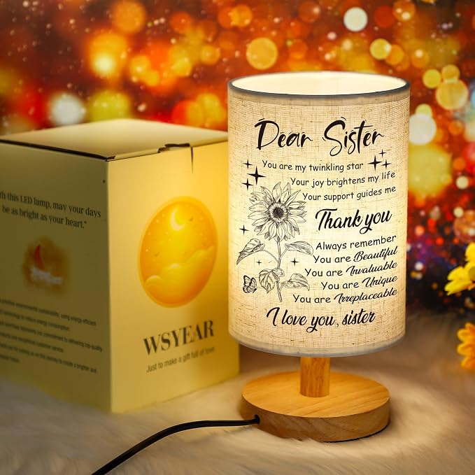 WSYEAR Sister Gifts for Women, Christmas Birthday Gifts for Sister,Table Lamp with Wooden Stand Anniversary Wedding Present for Girls