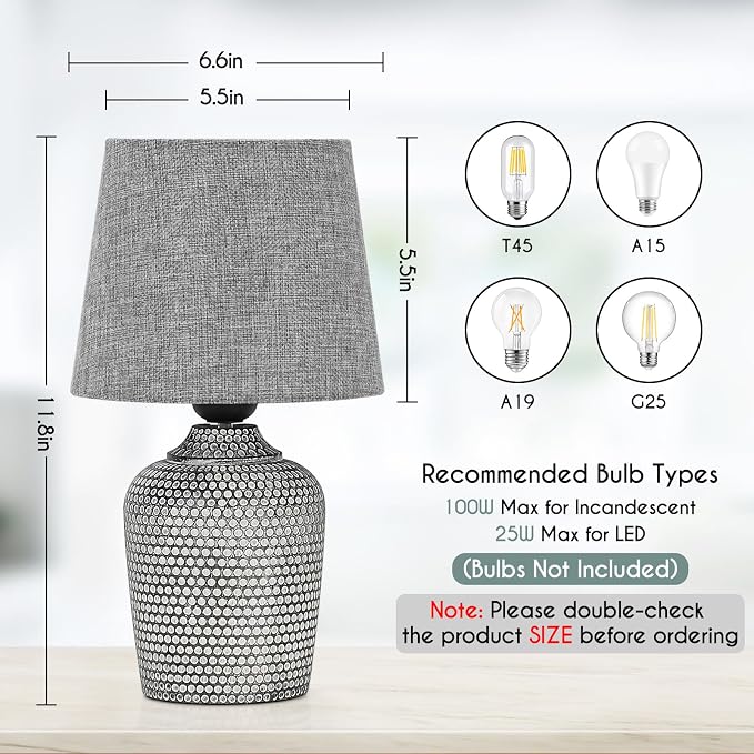 11.8’’ Small Table Lamps Set of 2 for Bedroom Kid’s Room Home Office, Gray | Cute & Unique, Perfect for Bedside Nightstand Desk Nursery Reading, Fabric Shade