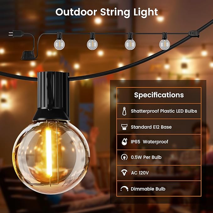 OHLUX Outdoor String Lights,110FT Dimmable Patio Lights with 58 G40 Shatterproof 2200K LED Bulbs(2 Spare),Waterproof Hanging Lights String for Outside Backyard,Cafe,Porch,Deck,Porch(110FT*1strand)
