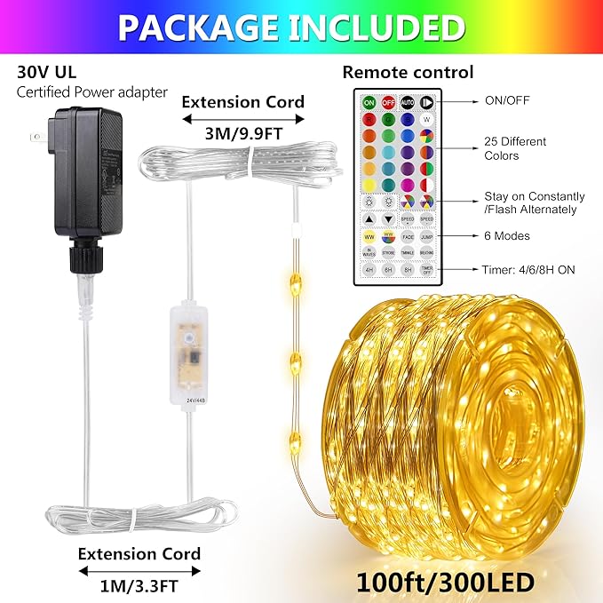 100FT 300LEDs Fairy Lights Plug in, 30V 24 RGB Colors+Warm White Color Changing Twinkle Lights, 150 Lighting Modes Timer String Light with Remote for Indoor Outdoor Festival DIY Decor
