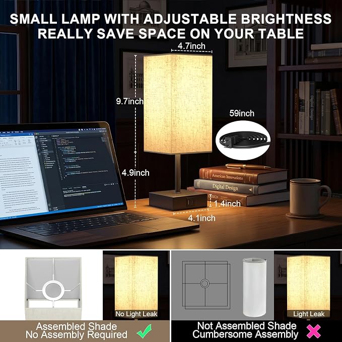 Bedside Table Lamps for Bedroom Touch Nightstand Lamp with USB C+A | Set of 2 Beige Lampshade 14-inch, 3 Way Dimmable, Small Bedside Lamps for Living Room ,Dorm, Office, LED Bulbs Included