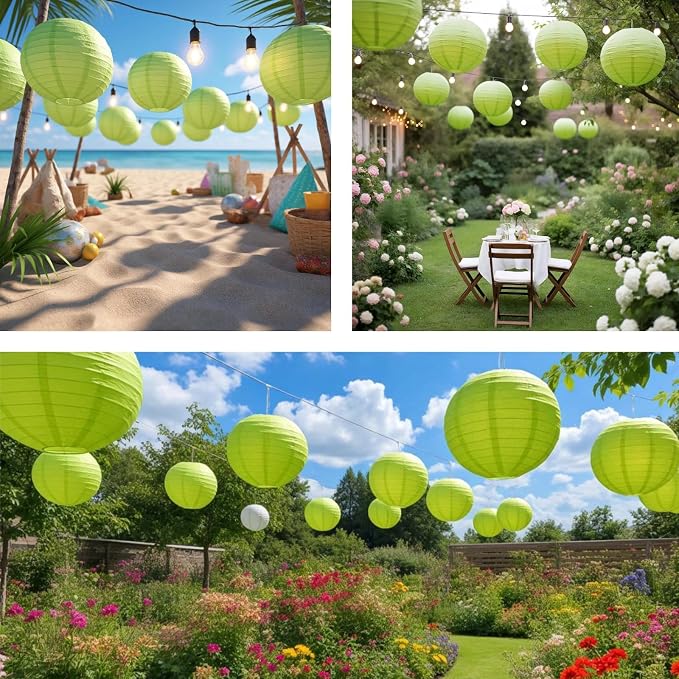 Green Chinese Paper Lanterns with LED Lights, 10-Pack 10inch