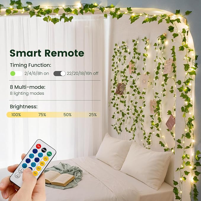 HEYFUNi 23FT Ivy Vines with Fairy Lights, Remote USB & Battery | Artificial Leaf String Lights with 73 Warm White LEDs, Timer, Memory, 8 Modes, Fake Vines for Bedroom, Dorm, Aesthetic Decor