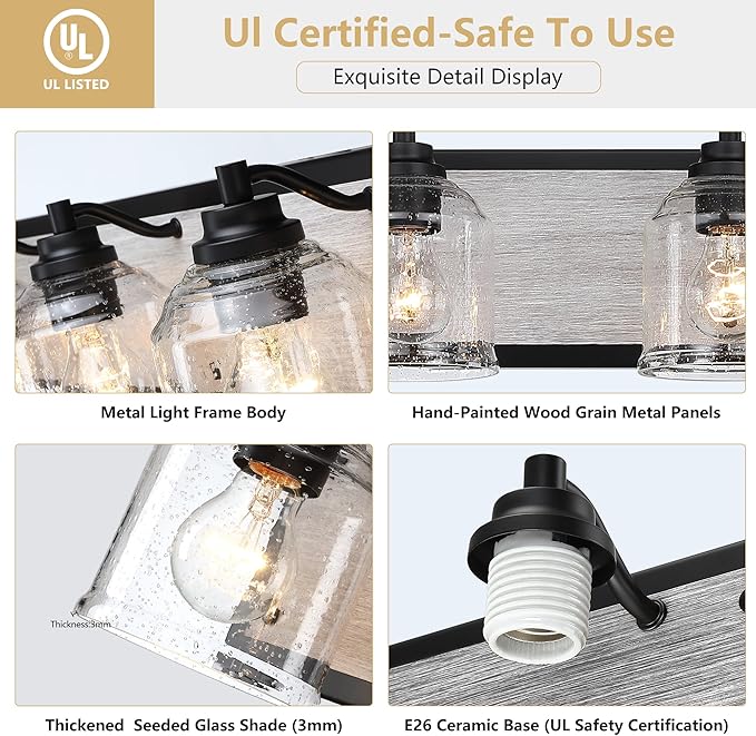 Vanity Lights for Bathroom Large 23", Farmhouse Rustic Vanity Light with Bubble Glass Shades, Gray 3 Light Bathroom Lighting Fixtures Over Mirror, Bath Wall Sconce Home Decor