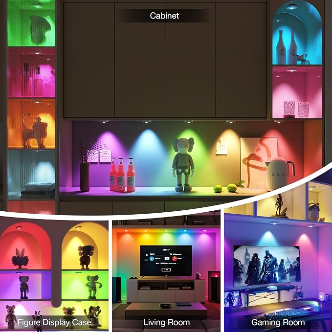 RGB Puck Lights with Remote Control,Under Cabinet Lighting,white,5PCS | 2000mAh Battery Operated Tap Lights Rechargeable, 9 Colors & 2 Dynamic Changing, Magnetic Stick on Light for Closet