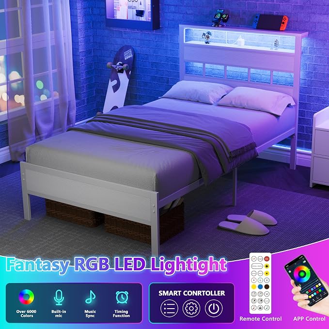 Twin Bed Frames with Storage Headboard, Charger & RGB LED, White | 2-Tier Shelves, Sturdy Metal Slats, Noise-Free, No Box Spring. USB & Type-C Ports, 700lbs Capacity. 12.6" Under-Bed Storage.