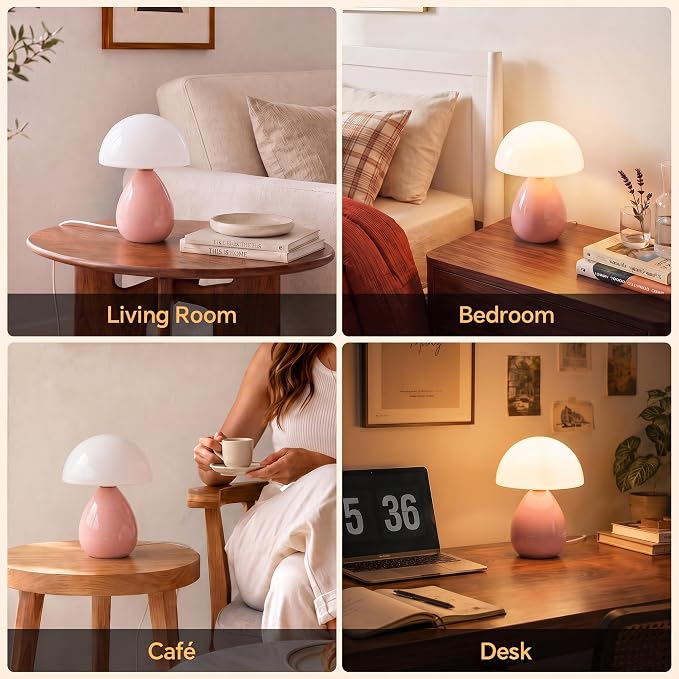 Mushroom Lamp Table Lamp for Bedroom,Ice Crackle Desk Lamp Bedside Small Lamps for Living Room Night Stands,Table Lamps Cute Modern Mid Century Lamps (Pink-Ice Crackle)