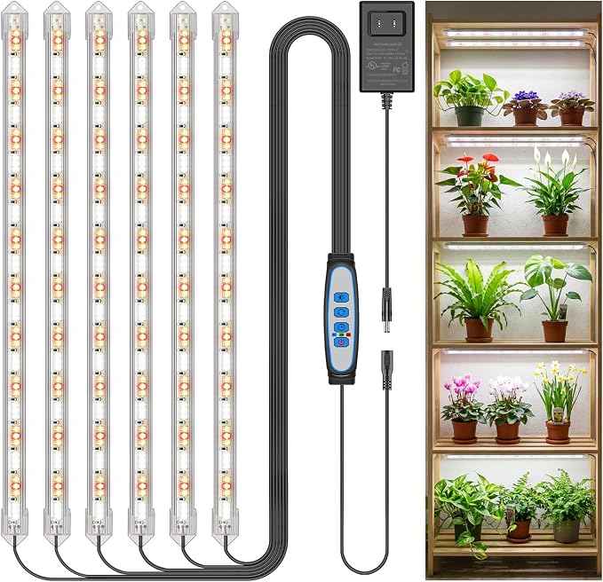 Kullsinss 16in Grow Light Strips for Indoor Plants, 6000K 24W Full Spectrum | 6-Bar 360 LEDs Plant Light with 6/12/16H Auto Timer, 5 Dimmable Levels, Under Cabinet Grow Lamp for Seedling, Greenhouse