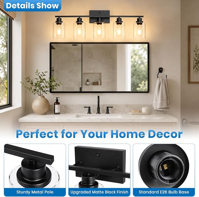 Ascher 5 Light Bathroom Light Fixture, Matte Black Bathroom Lighting Fixtures Over Mirror, Vanity Light with Clear Glass Shade, Wall Sconce for Living Room Bedroom Cabinet, E26 Base