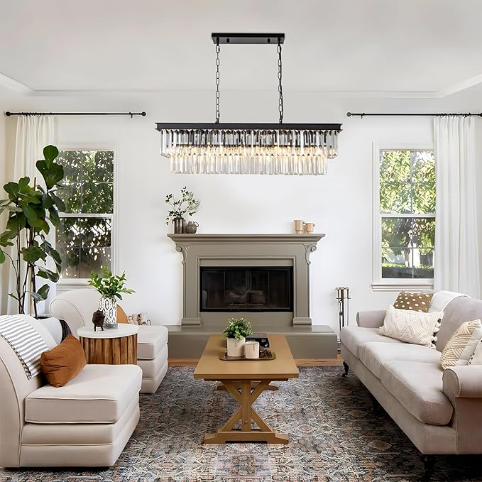 Black Crystal Chandelier for Dining Room Light Fixture Rectangle Modern Farmhouse Chandelier Contemporary Pendant for Kitchen Island Living Room Long Chandelier Rectangular Lighting