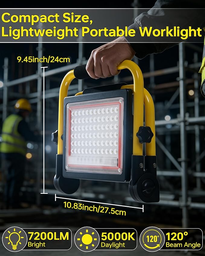 2 Pack 7200LM LED Work Light with Switch, IP66 for Garage Workshop | 60W Flood Light Outdoor, Portable Job Site Lighting with Stand, 5000K Daylight Worklight for Construction Car Repairing