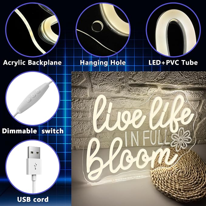 Live Life In Full Bloom Neon Signs for Wall Decor, USB Powered LED Dimmable, Motivational Neon Light, for Spa Yoga Studio Business Gathering Party Home Bar Birthday Gifts(14.1 * 10.6 In)