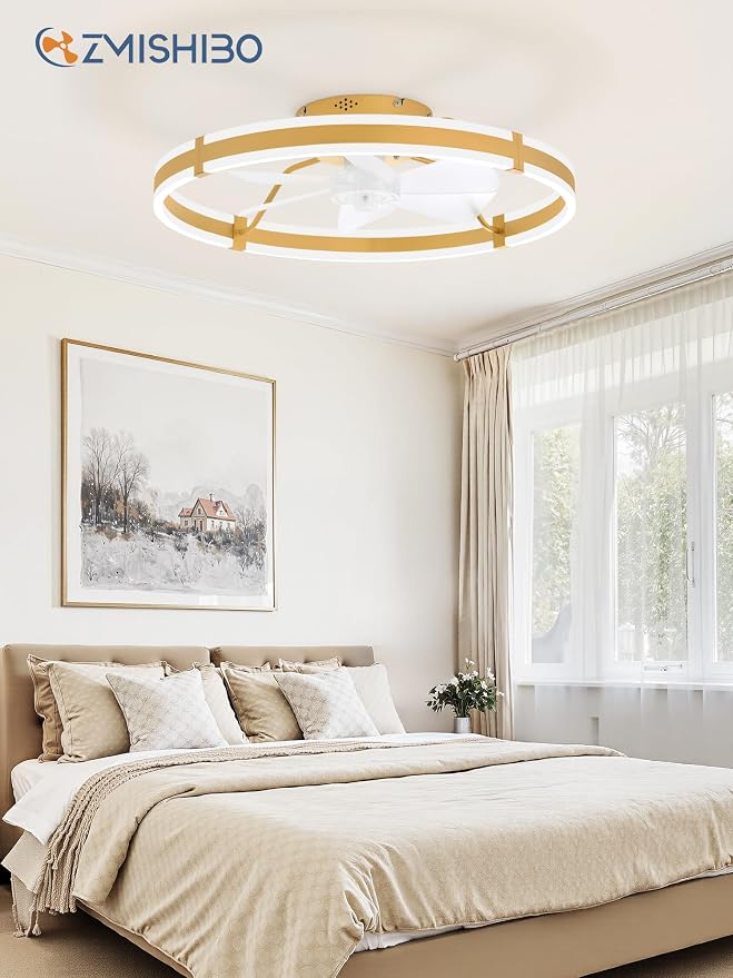 ZMISHIBO Low Profile 24'' Ceiling Fans with Lights and Remote, Gold | 3000-6000K Dimmable LED Fandelier, Quiet DC Motor, Reversible Airflow, 6 Wind Speeds, Timer, Bedroom, Living Room, Kitchen