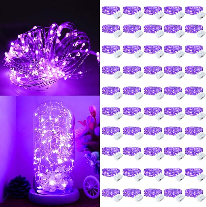 50 Pack Fairy Lights Battery Operated, 7ft 20 LED 3 Modes Speed Twinkle Mini String Lights Waterproof Silver Wire Firefly Starry Lights for Mason Jars Wedding Party Christmas Decorations