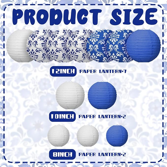 12 Pcs Chinoiserie Paper Lantern 12"10" 8" Blue and White Porcelain Print Hanging Decoration Round Lanterns for Chinese New Year Anniversary Party Wedding Home Decoration