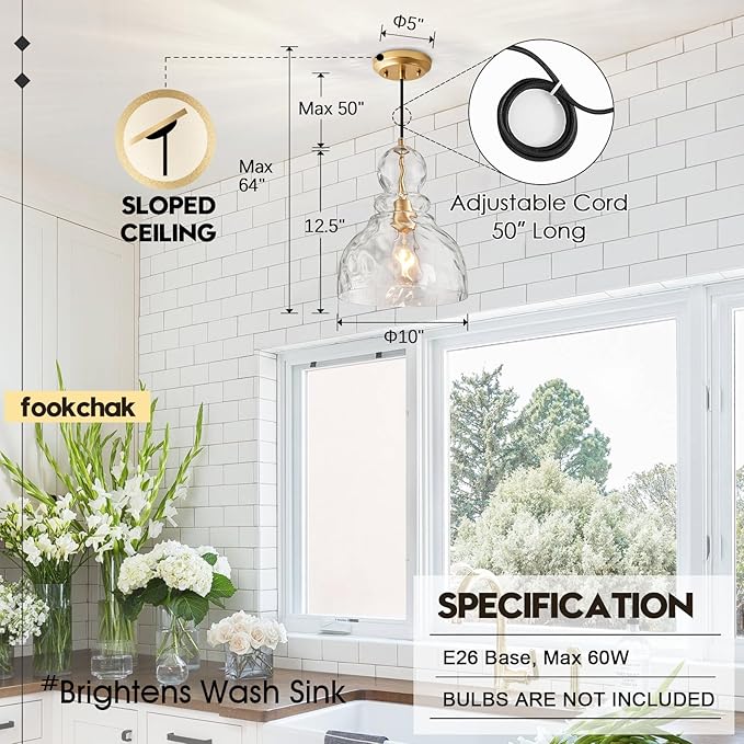 Hammered Glass Pendant Light Gold Pendant Lights Kitchen Island 12in Large Brass Kichen Island Light Over Sink Glass Ceiling Pendant Light for Entry Hallway Dining Room