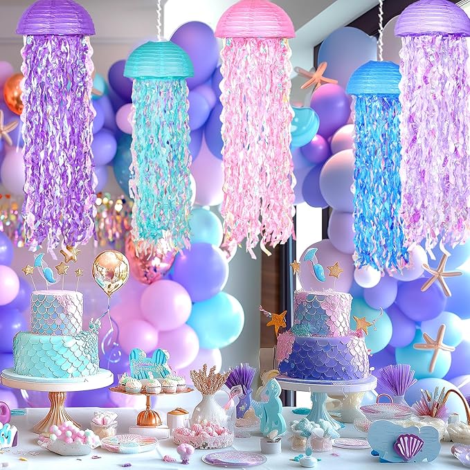 10" Mermaid Jellyfish Lanterns – Pink Purple Blue Decorations for Mermaid Birthday Party, Under the Sea Theme, Baby Shower, Ocean & Beach Room Hanging Decor (Set of 6)
