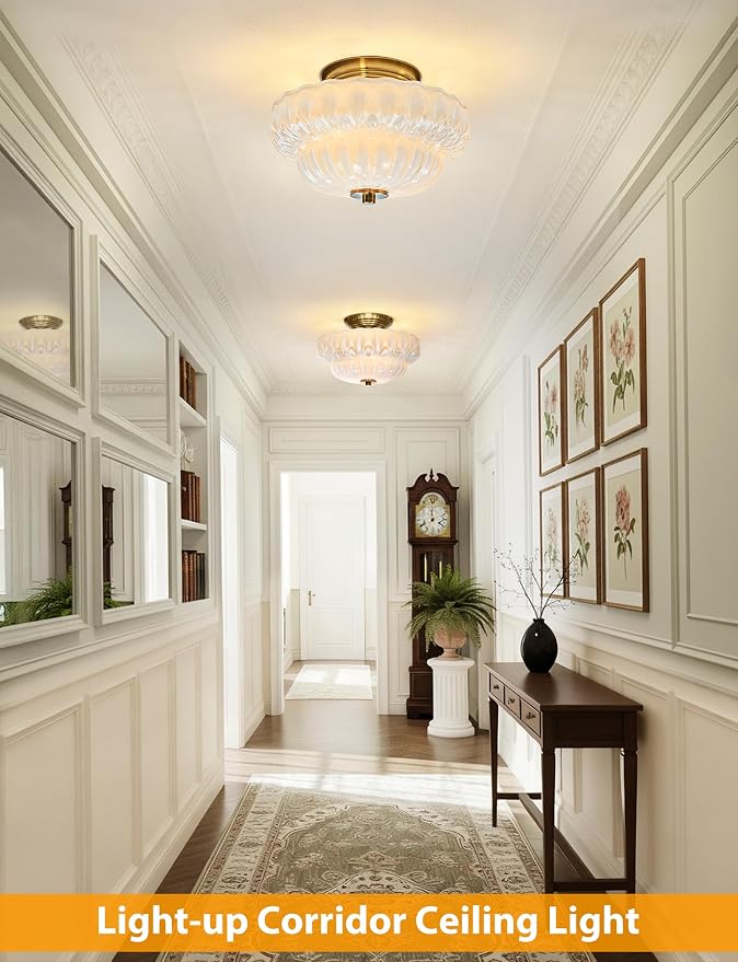 11IN Vintage Semi Flush Mount Ceiling Light,3-Bulb Milk Glass | Gold Hallway Lights Fixture, Close to Ceiling Light for Bathroom, Hallway, Dining Room,Bulb Not Included