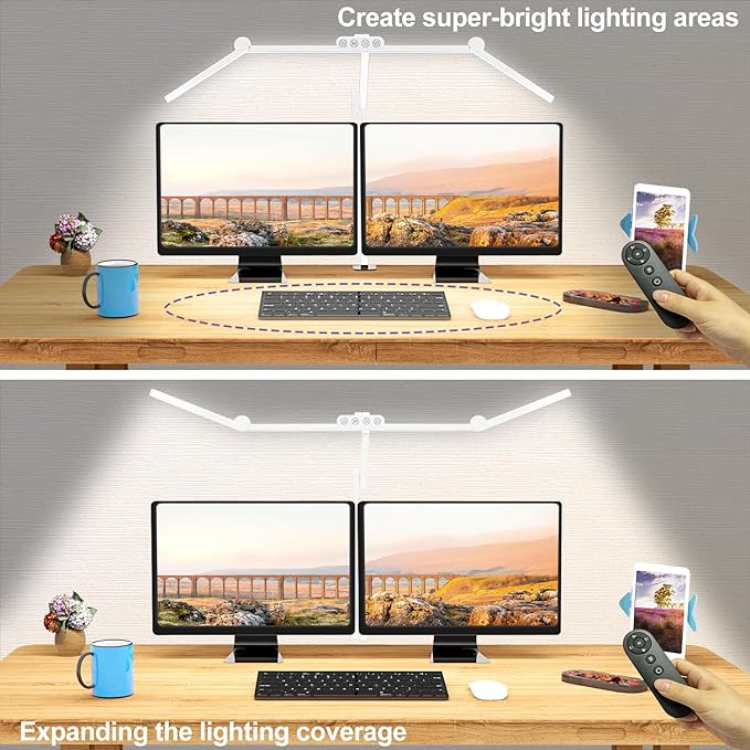 Architect Desk Lamp with Clamp, Led Desk Lamp for Home Office with Remote Control, 24W Bright Dimmable Computer Light with Atmosphere Lighting Adjustable Table Light(Remote)