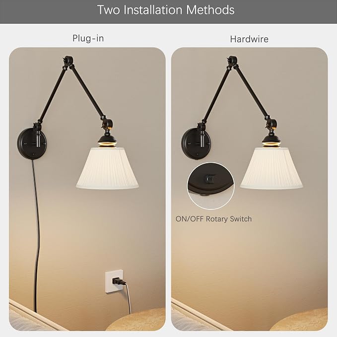 Plug in Wall Sconce, Black Adjustable Swing Arm Wall Lamp, 1 Pack | Fabric Lampshade, Plug-in or Hardwired, E26 Base, 6.6FT Plug-in Cord, Knob Switch, Living room, bedroom, study room, office