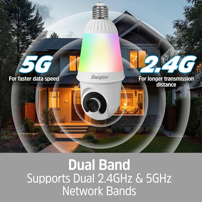 Energizer Smart 2K Light Bulb Security Camera, 1000 Lumens LED Light, 5G&2.4G Wi-Fi Outdoor Socket Camera, Pan Tilt Auto Tracking, (White, AI Smart Detection Built-in)