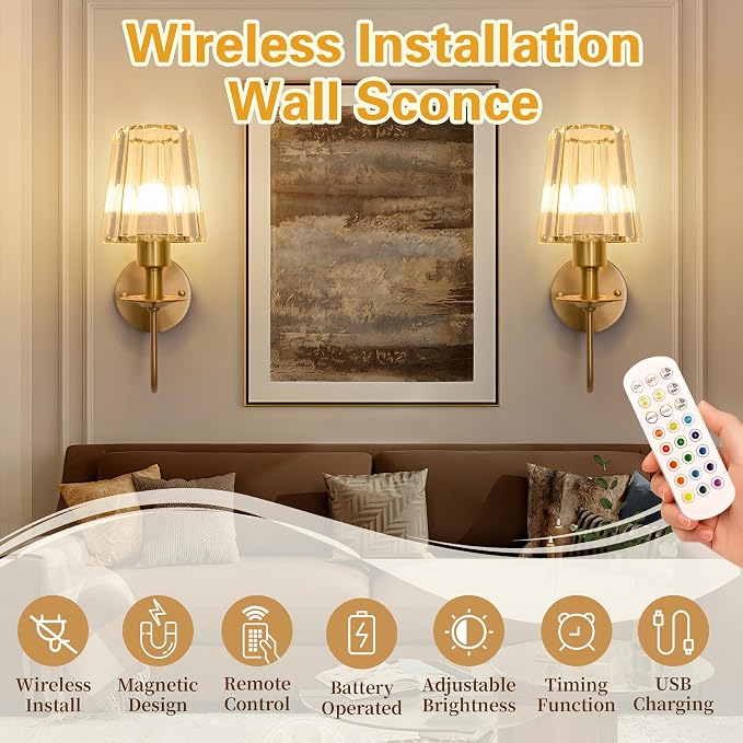 Battery Operated Wall Sconces Set of 2, Gold Crystal Wall Lights | 5200mAh rechargeable wall lights with magnetic bulbs, remote control, 15 colors, 10-level dimming and timer for bedrooms