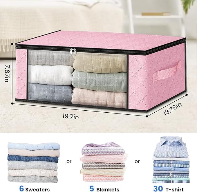 HomeHacks 3-Pack Clothes Organizer Storage Bags, 35L Storage Bins, Pink | Foldable Storage Box Container with Zippers, Clear Window, Reinforced Handles for Closet, Dorm, Pillows, Bedding, Sweater
