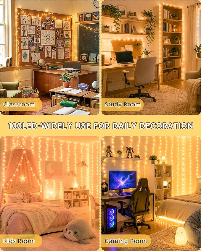 Warm White Christmas String Lights, 33FT 100 LED Fairy Lights Indoor | 8 Modes with Memory, Connectable, IP65 Waterproof, Transparent Wire, Up to 5 Sets, Widely use for Classroom, Bedroom, dorm