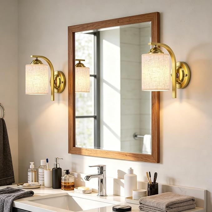 Wall Sconces Lights Lamp for Bedroom Bathroom, Modern Vanity Light Fixtures, Gold Farmhouse Wall Mount Lighting Lanterns with Fabric Shade for Living Room Mirror Hallway Kitchen