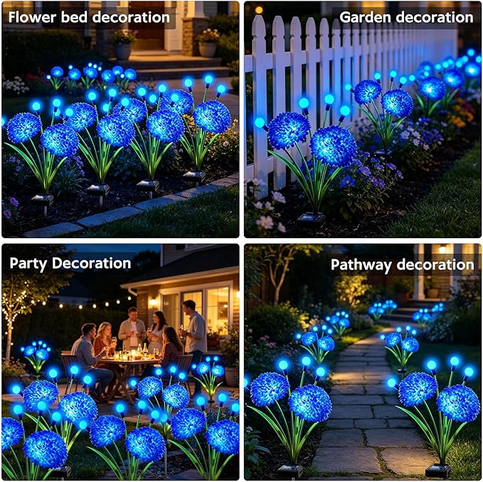 Solar Garden Lights, 4 Pack Blue Solar Swaying Firefly Lights With Flowers, Waterproof Blue Flowers Light Outdoor for Garden Patio Yard Pathway Fall Decoration, Gifts for Women Mother's Day