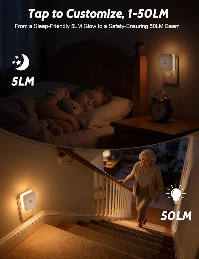 Sujeet Modern Night Light, 1-50LM Stepless Dimming LED Night Light with 3CCT (3000K/4500K/6500K), Night Lights Plug into Wall Night Light for Adults, Bedroom, Bathroom, Hallway,8-Pack,No Light Sensor