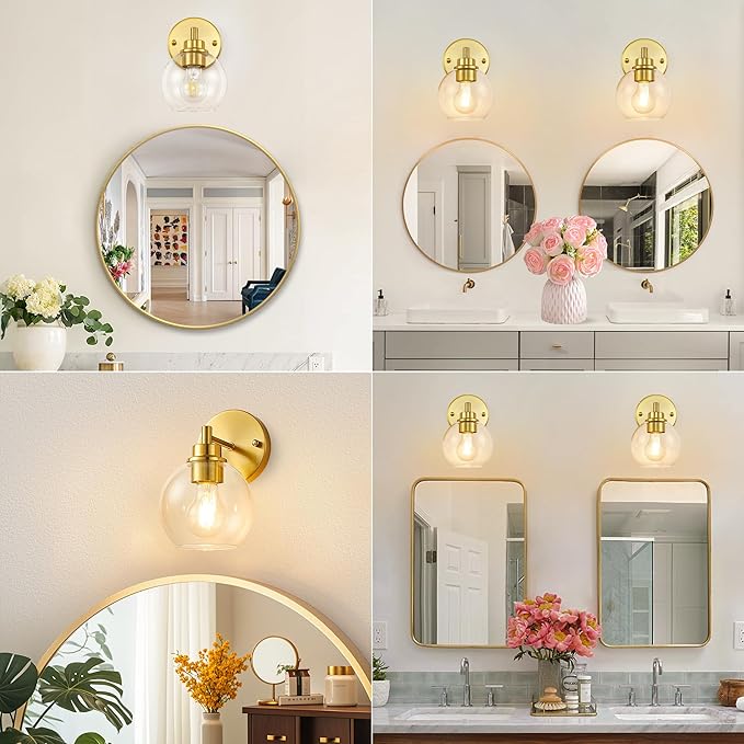 Gold Bathroom Vanity Lights, 1-Light Wall Sconce with Glass Globe Shade, Vanity Lighting for Bathroom/Bedroom/Dressing Room, Vertical/Horizontal Mounted, E26 Bulb Base (Bulb Not Included)