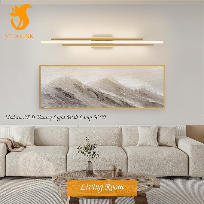 VitaLink 48" Gold LED Bathroom Light Fixtures Long Vanity Lights Over Mirror Lighting Lamps Wall Mount Lighting Over Vanity Picture Indoor 5CCT(3000K/3800K/4500K/5200K/6000K)