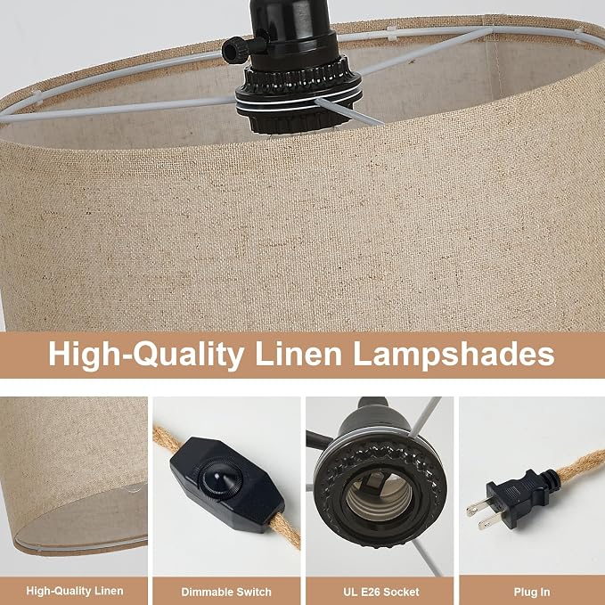 2 Packs Plug in Pendant Lights Fabric Hanging Lamp Kit with Dimmable Switch 15 Ft Long Hemp Rope Farmhouse Pndant Light Cord Lighting Fixture DIY Hanging Light