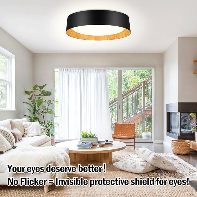 Flush Mount Ceiling Light, 13in Modern Ceiling Light 5 Color Temperature | 30W Bathroom Ceiling Light Fixture, 3000LM Dimmable LED Flush Mount Light for Bedroom, Hallway, Kitchen, Black and Wood