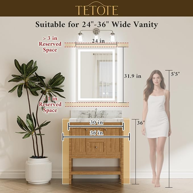LED Bathroom Mirror 24 x 32 Brighter Front and Backlit LED Bathroom Vanity Mirror with Lights, Frameless Lighted Anti Fog Wall Mounted Mirror, 3-Color Dimmable, Tempered Glass, Waterproof