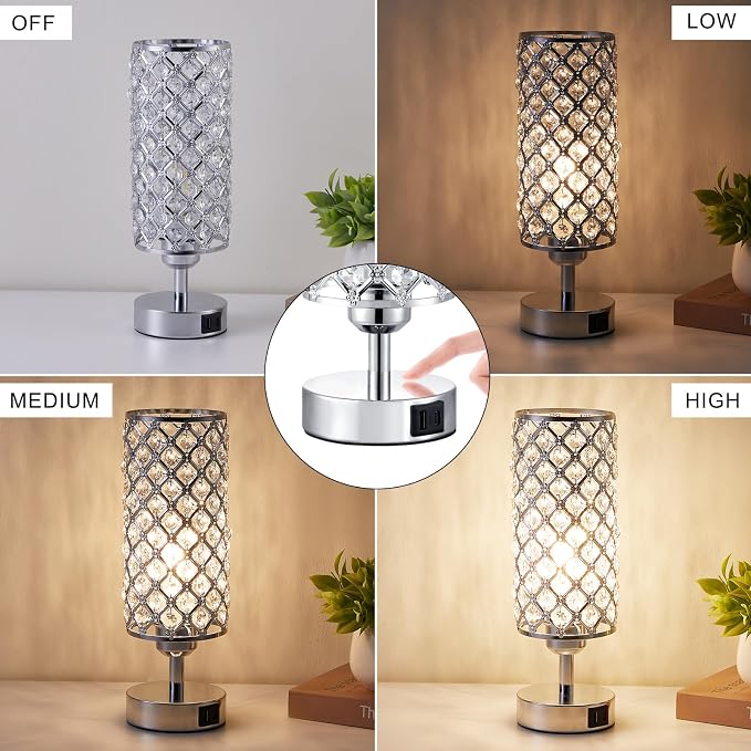 Crystal Touch Lamp with Touch Control, Sliver Table Lamp with USB-C+A Ports, 3 Way Dimmable Bedside Lamp Decorative Modern Nightstand Lamp, Bedroom Light for Living Room Side Table(Bulb Included)