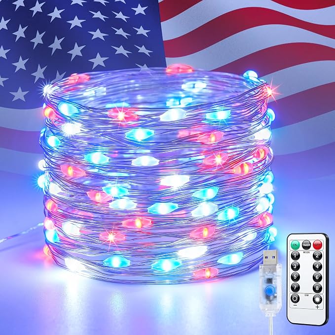 JMEXSUSS 100 LED Red White and Blue Fairy Lights for 4th of July Decor | 33ft USB Fairy Lights Plug in, 4th of July Lights for Indoor Outdoor Home Car Patriotic Memorial Independence Day Decorations