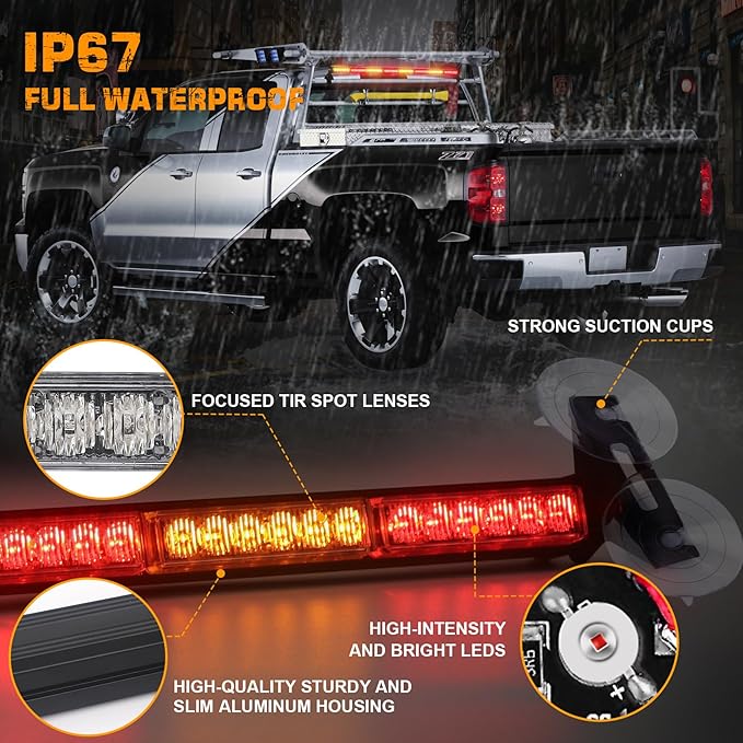 XRIDONSEN 35 inch Amber Red Traffic Advisor Light Bar 48 LED Emergency Strobe Lights Safety Warning Lights Front/Rear Window w/Display Controller for Firefighter Law Enforcement Vehicles Trucks