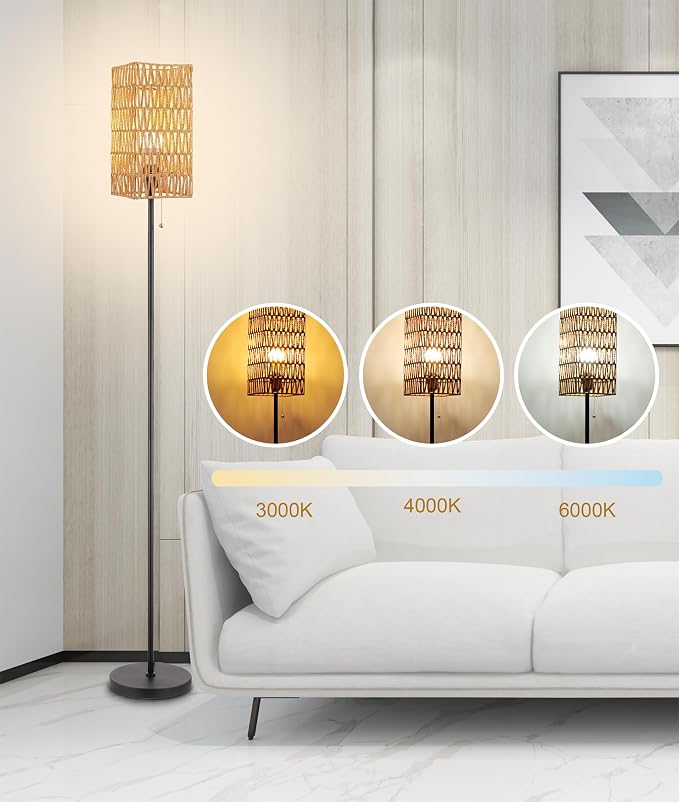 Ruiever Floor Lamp for Living Room,Farmhouse Floor lamp,Modern Standing lamp with Hand-Worked Rattan Shade (Square Shade-3 Color Blub)