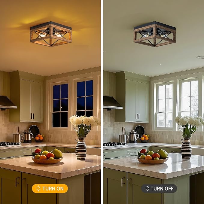 MAYNA Farmhouse Flush Mount Ceiling Light, 2-Light Rustic Ceiling Light with Metal and Wood, Farmhouse Hallway Light Fixtures for Kitchen Entryway Bedroom Dining Room