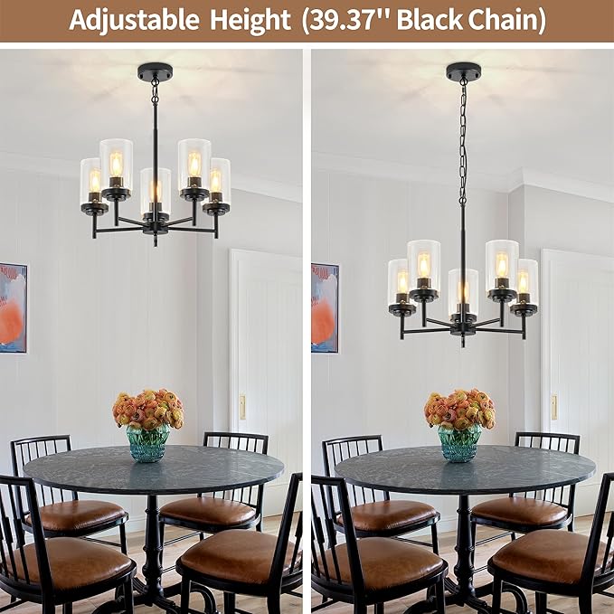 5-Light Farmhouse Glass Chandelier, Modern Black Chandelier for Dining Room Island Lights Industrial Hanging Foyer Lighting Fixtures Chandeliers for Entryway Kitchen Living Room Adjustable Height
