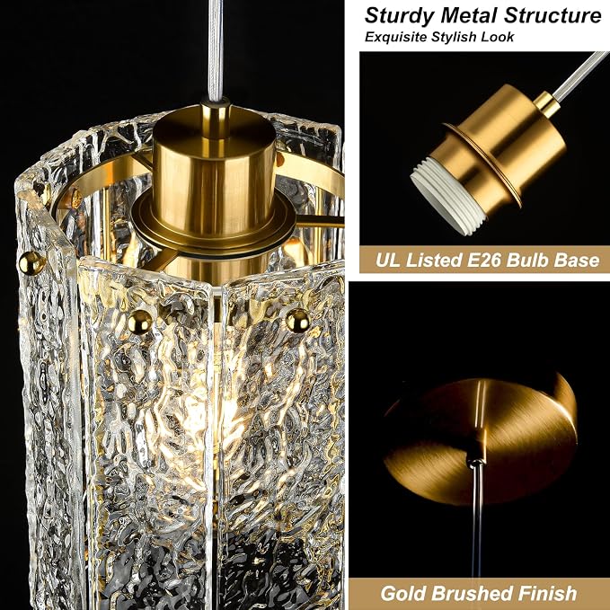 Gold Pendant Lights Kitchen Island 2 Pack Modern Water Ripple Glass Pendant Lights Mini Chandelier Adjustable Hanging Pendant Lighting for Kitchen Island Dining Room Over Sink Table Entryway