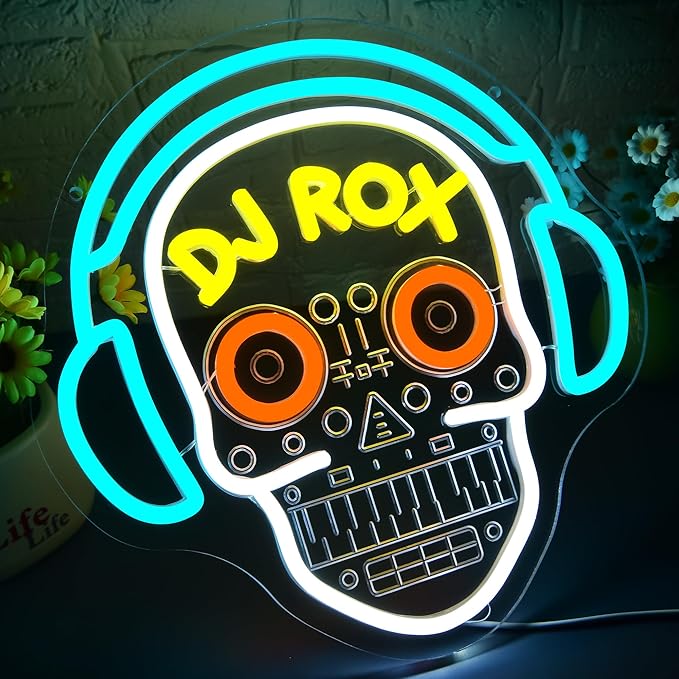 DJ Neon Sign for Wall Decor Dimmable DJ Skull Neon Light for Man Cave Birthday Gifts for Music Fans LED Music Sign for Record Room Studio Dancing Hall Mexican Bar Art 12.7 * 12.5In (WZCP224)